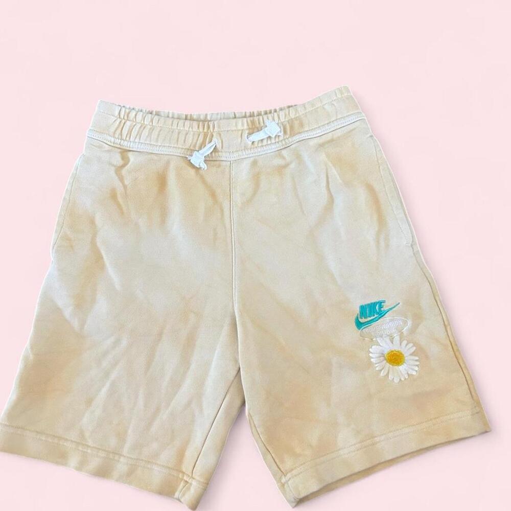 Nike cream & yellow tie dye sweat shorts with daisy embroidery graphic, size M